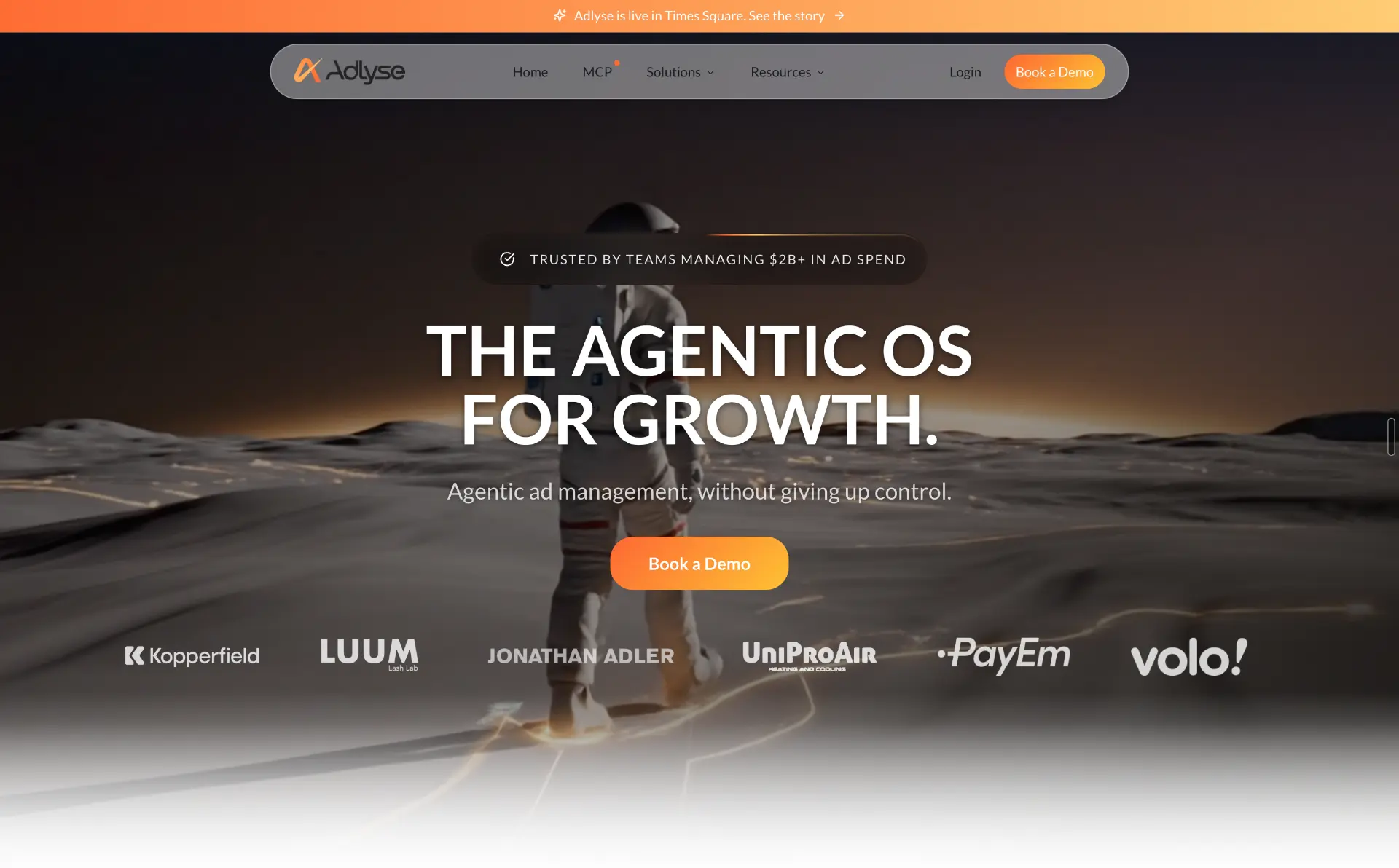 Adlyse homepage presenting the agentic operating system for growth