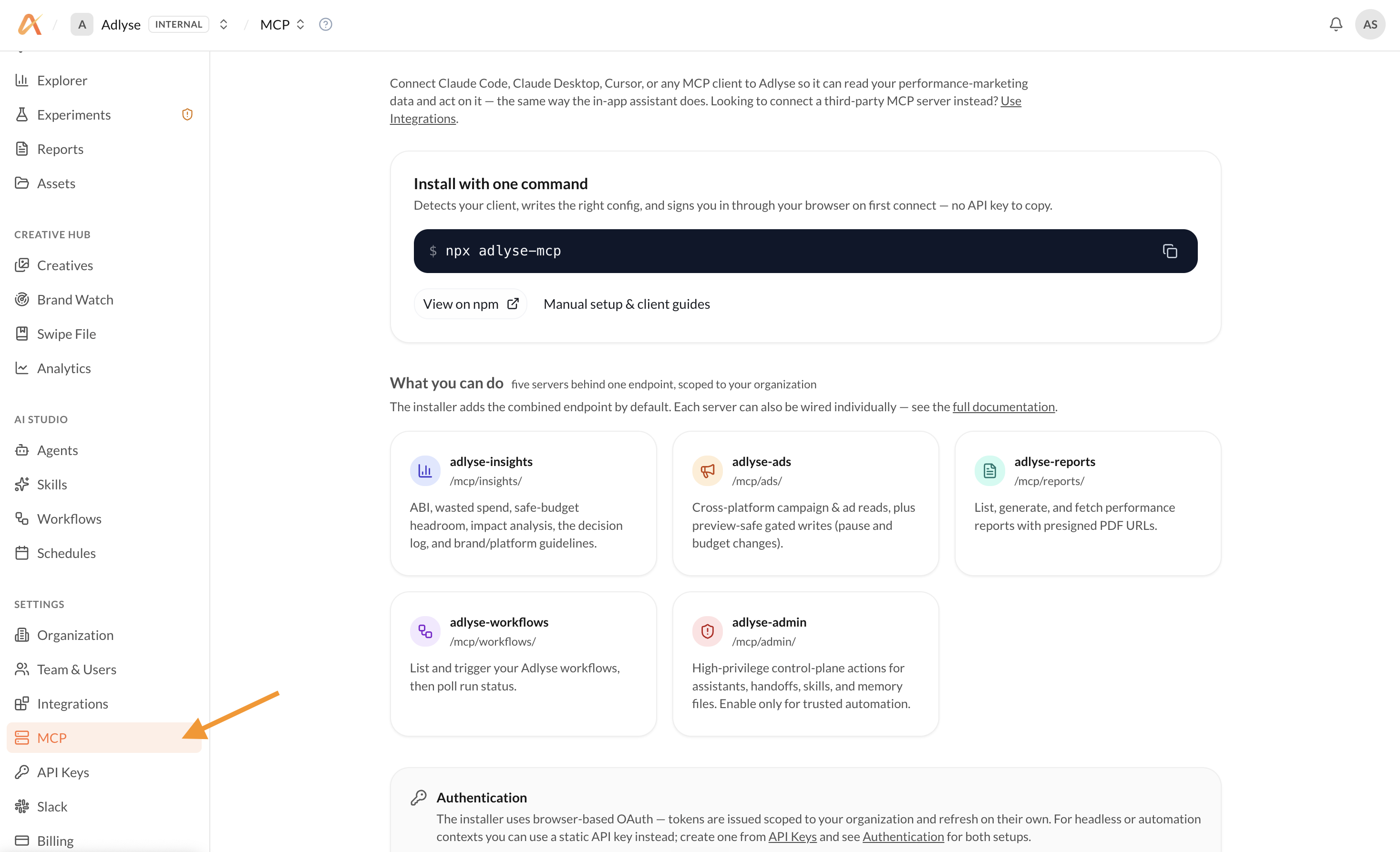 The MCP page in Adlyse settings, opened from the sidebar